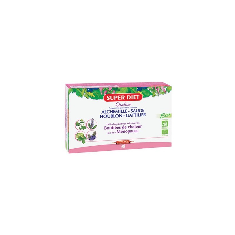Quatuor Ménopause Bio - 20 ampoules 15ml - PHARMACIE VERTE - Herboristerie à Nantes depuis 1942 - Plantes en Vrac - Tisane - EPS Quatuor Ménopause Bio - 20 ampoules 15ml - PHARMACIE VERTE - Herboristerie à Nantes depuis 1942 - Plantes en Vrac - Tisane - EPS