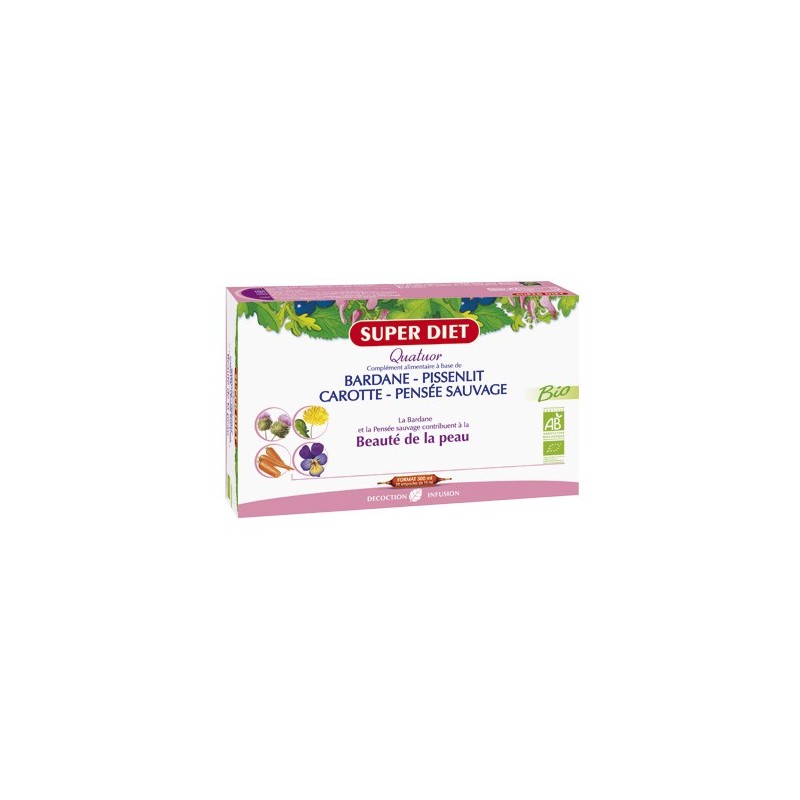 Quatuor Peau Bio - 20 ampoules 15ml - PHARMACIE VERTE - Herboristerie à Nantes depuis 1942 - Plantes en Vrac - Tisane - EPS - Bo Quatuor Peau Bio - 20 ampoules 15ml - PHARMACIE VERTE - Herboristerie à Nantes depuis 1942 - Plantes en Vrac - Tisane - EPS - Bo